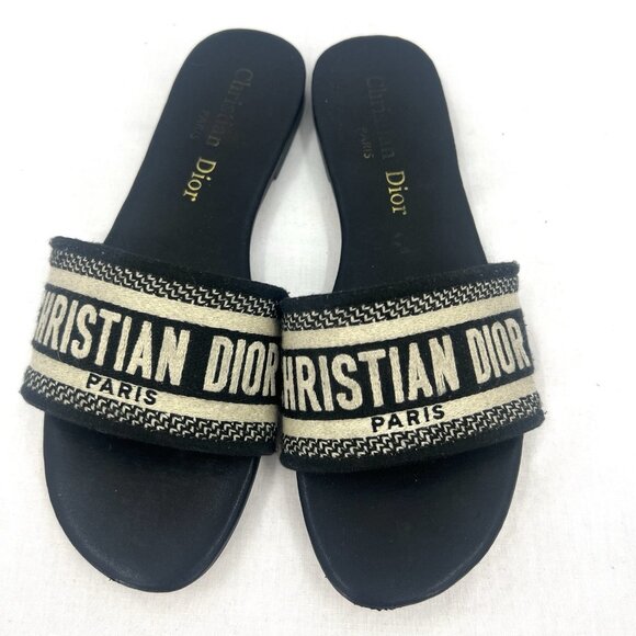 Christian Dior Dway Slide Black Cream Cotton Size 40 - Picture 1 of 11